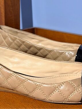 Tory Burch Quilted Beige and Black Cap-Toe Flats